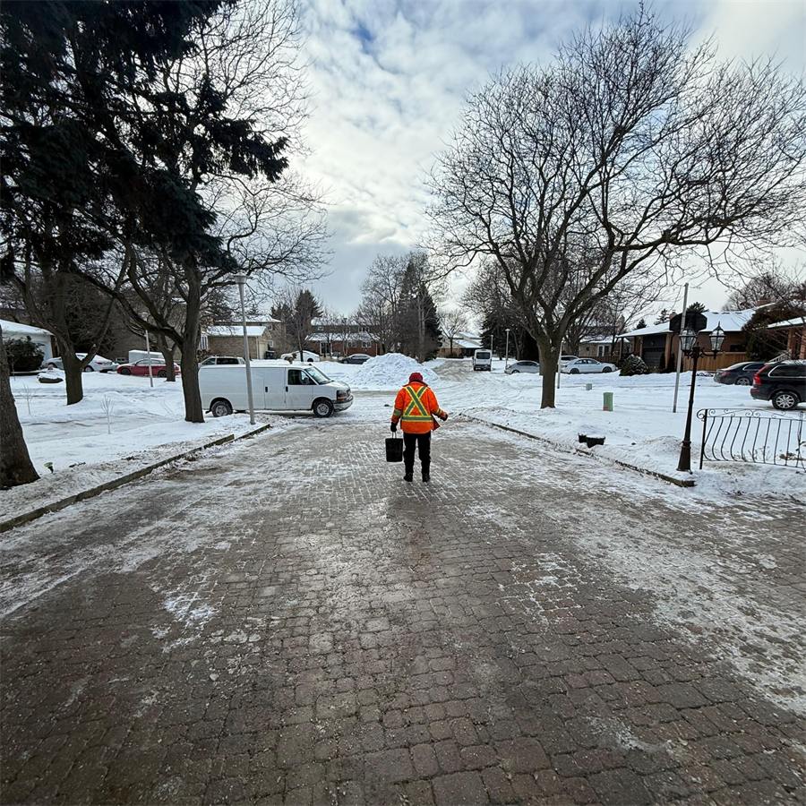 GRD worker spreading salt on an icy paver walkway